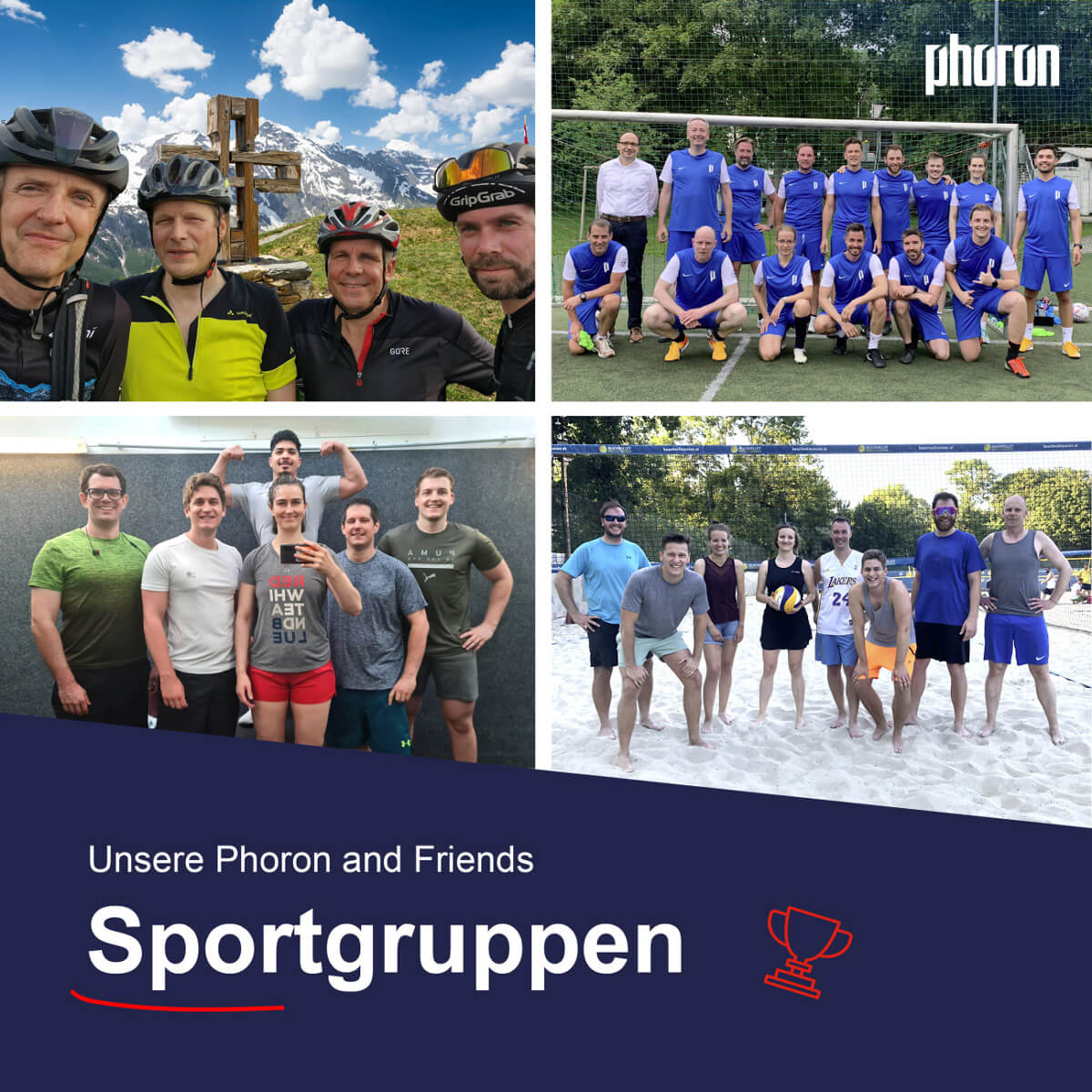Eine Bildcollage von Menschen bei verschiedenen sportlichen Aktivitäten: Radfahren in den Bergen, Fußball, Fitnesstraining und Beachvolleyball.